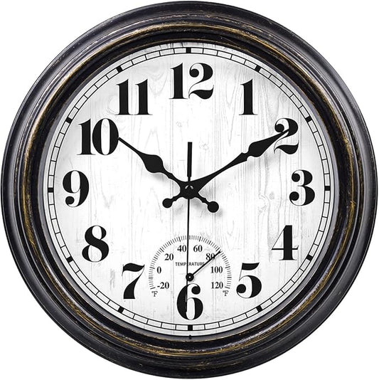 45MinST 12 Inch Indoor/Outdoor Retro Round Waterproof Wall Clock with Thermometer, Silent Non Ticking Battery Operated Quality Quartz Wall Clock Home/Patio Decor(Black Gold)