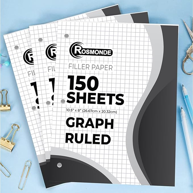 Rosmonde Loose Leaf Paper Bulk, 3600 Sheets, 24 Pack, Quad Ruled Sheets, 8" x 10.5", Bulk Notebook Papers, 3 Hole Punched, Graph Ruled Filler Paper for Binders, 150 Sheets/Pack, School Supplies, White