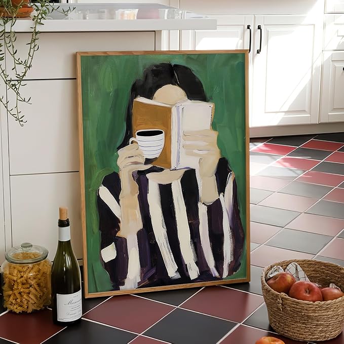 Abstract Women Canvas Wall Art Abstract Woman Poster for Room Aesthetic Modern Minimalist Wall Art Reading Woman with Coffee & Book Picture Painting for Living Home Bedroom Dorm Decor 16x24in Unframed