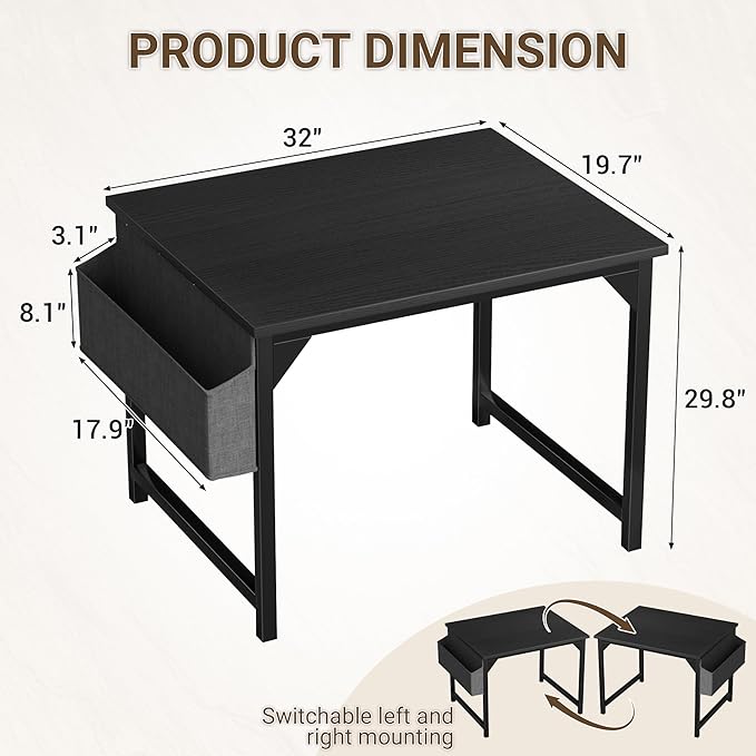 Furmax Computer Desk 32 Inch Small Office Desk with Storage Bag & Headphone Hook, Workstation for Home Office, Modern Writing Study Table (Black)