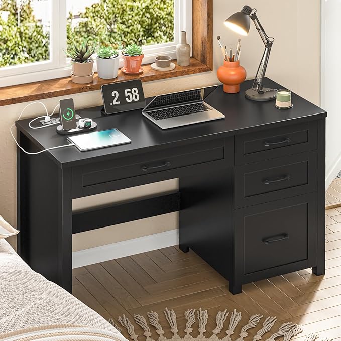 Farmhouse 47" Executive Desk, Computer Desk with File Drawer and Charging Station, Workstation for Home Office, Study.（Pure Black）