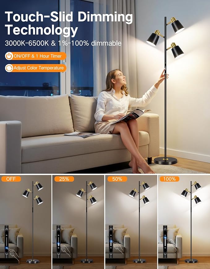 OUTON Tree Floor Lamp, LED Dimmable Floor Lamp with Remote and Touch Slide Control, 4 Color Temperatures, 3 Rotatable Lights, Modern Standing Lamp for Living Room Bedroom Office, Black Gold