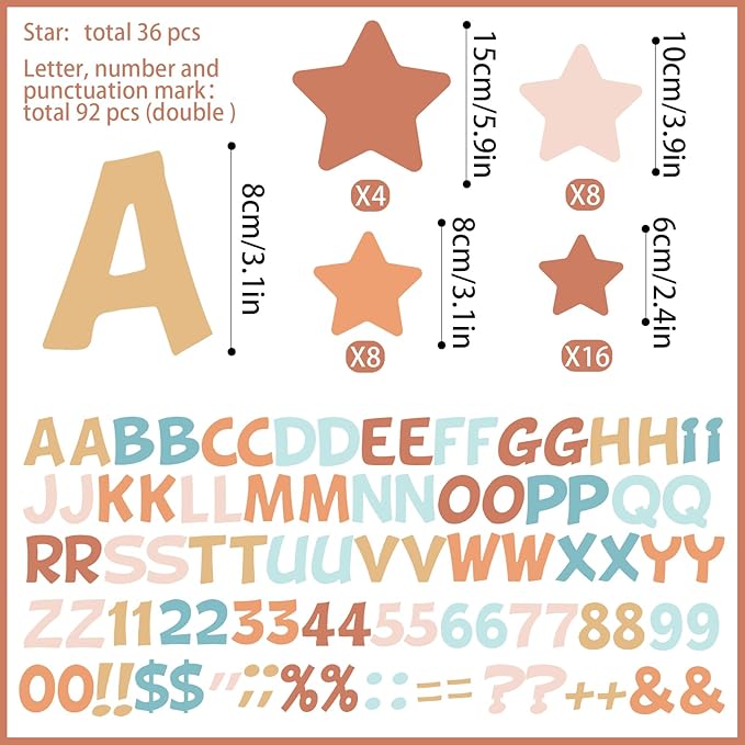 Containlol 188 Pcs Bulletin Board Borders Letters Stars Cutouts Set Include 59ft Poster Board Trims, Alphabet Letter Star Number Punctuation for Classroom(Retro Groovy Boho Color)
