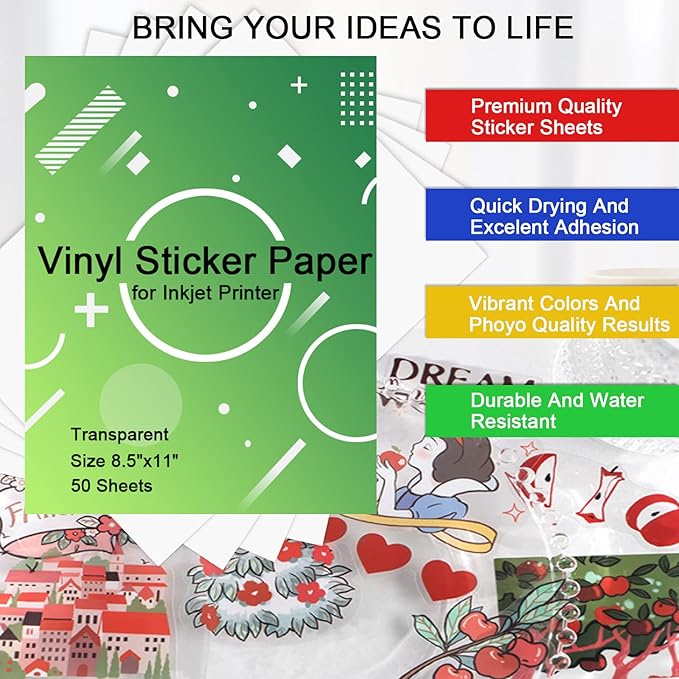 Printable Vinyl Sticker Paper for Inkjet Printer - Transparent Clear - 50 Self Adhesive Sheets - Waterproof Decal Paper - Standard Letter Size 8.5"x11" (50 sheets, transparent)