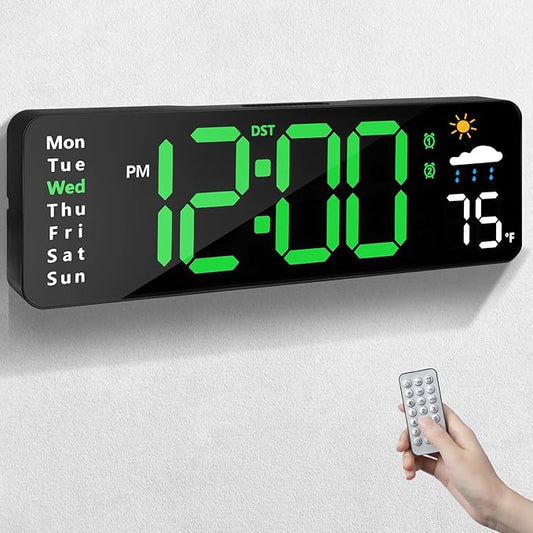 Digital Wall Clock with Remote Control, Large Display Plug in LED Digital Alarm Clocks with 12/24Hr, Date, Week, DST, Timing, Countdown, Temperature for Living Room, Bedroom, Office Wall Decor (Green)