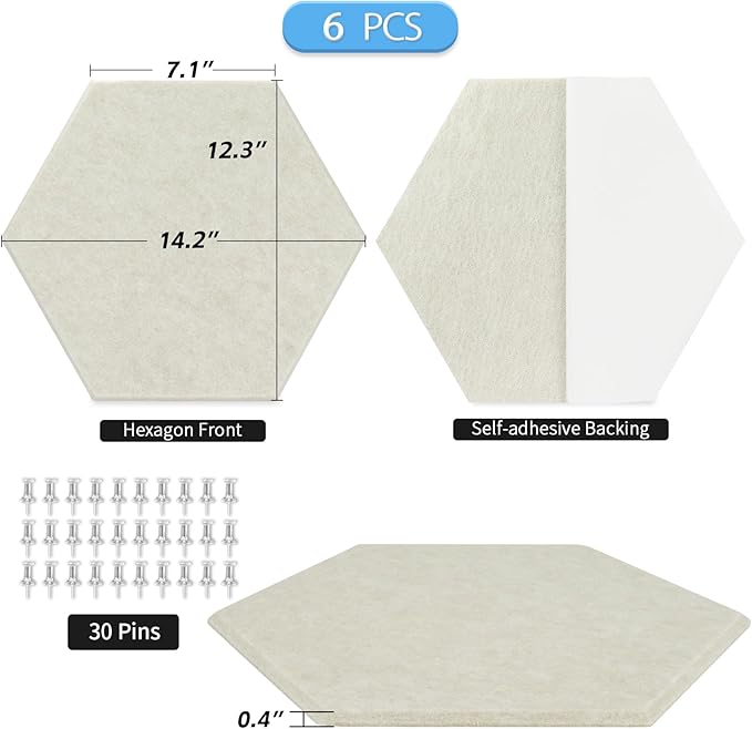 BXI Hexagon Felt Bulletin Board - 14.2 X 12.3 X 3/8 Inches 6 Pcs Self-Adhesive Poster Cork Board 30 Push Pins, Thick Pin Tiles Display Vision Board, Photo Picture Panels for Home Office Classroom