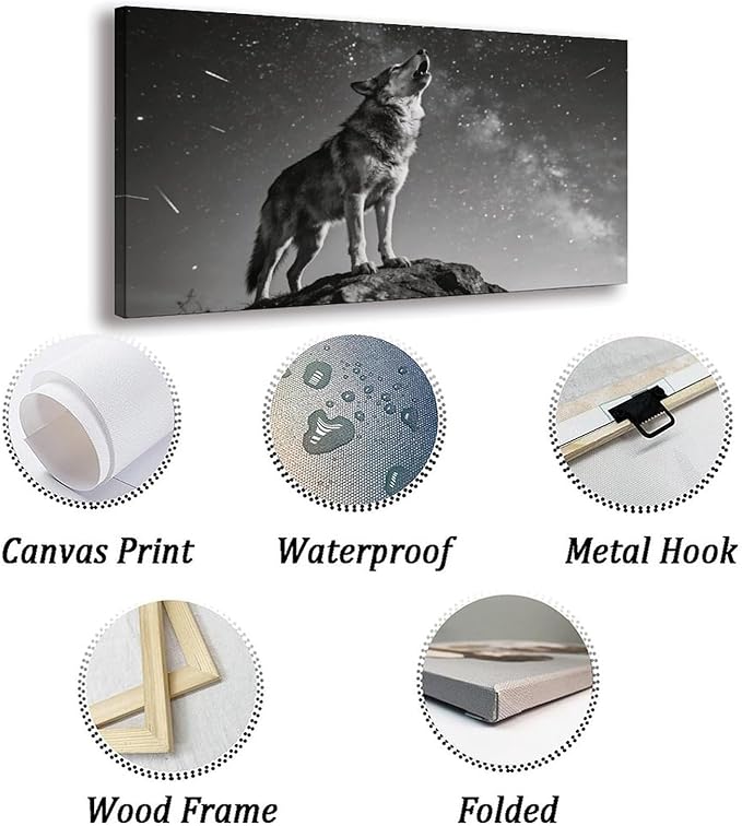 Black White Wolf Framed Canvas Wall Art for Bedroom, Nature Animal Wall Decor 48" L x 24" W
