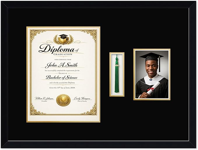 CountryArtHouse Diploma Tassel and Photo Shadowbox Fits 10 x 13 College Diploma (Portrait Traditional) with Matte Black Genuine Hardwood with Black Over Metallic Gold Double mat