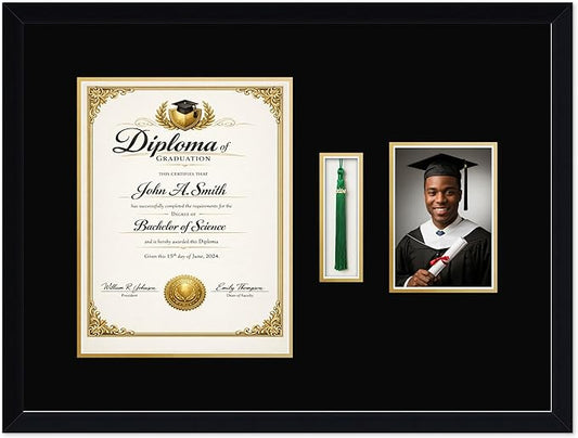 CountryArtHouse Diploma Tassel and Photo Shadowbox Fits 10 x 13 College Diploma (Portrait Traditional) with Matte Black Genuine Hardwood with Black Over Metallic Gold Double mat