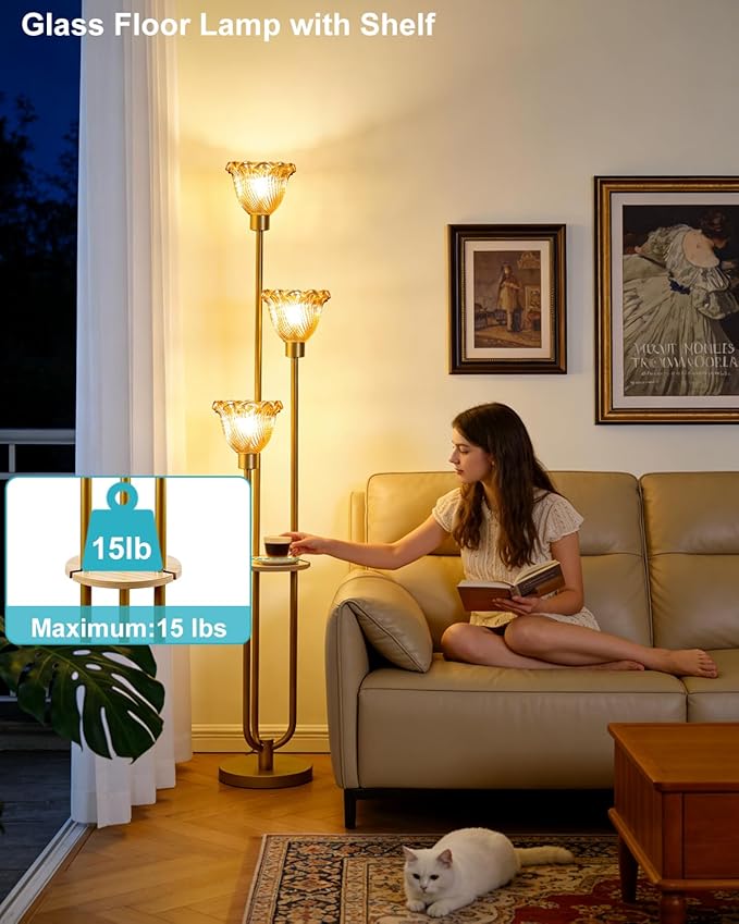 Lightdot Glass Floor Lamp for Living Room Gold with Amber Glass Shade & 3000K Bulbs Included 3-Lights Modern Tall Standing Lamp for Bedroom/Sofa Beside/Corner Decor