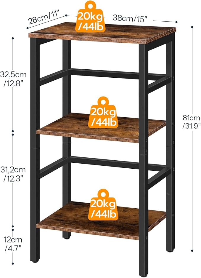 HOOBRO 3 Tier Bookshelf, Small Narrow Bookshelf, Record Storage Rack with Side Fence, Floor-Standing Shelf Units, Narrow Display Shelf for Living Room, Bedroom, Classroom, Rustic Brown BF80CJ01G1