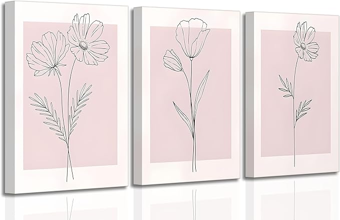 3 Pieces Minimalism Botanical Canvas Wall Art Pink Flowers Line Plants Pictures Wall Decor Posters Print Artwork for Girls' Room Living Room Bedroom Bathroom Office Home Decoration