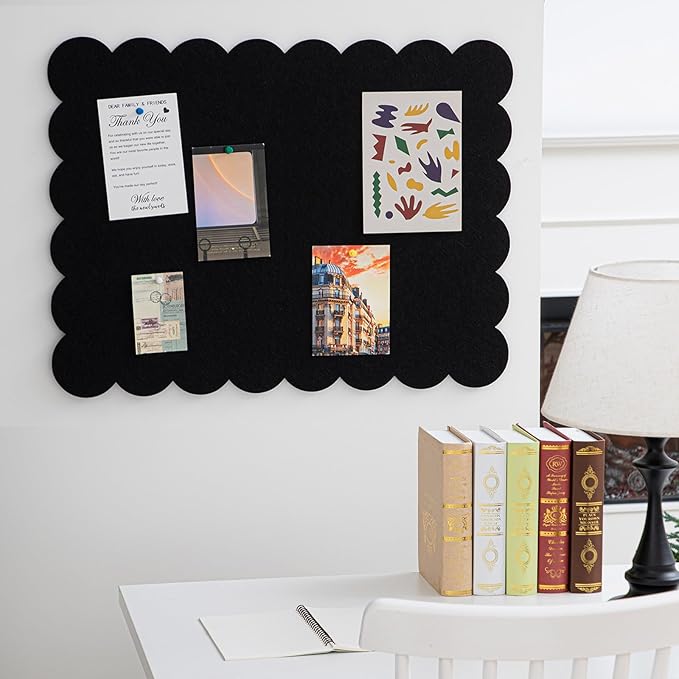 Scalloped Felt Bulletin Board 36 x 24 Inches Foldable Black Pin Cork Board Alternative for Wall, 3' x 2' Trifold Picture Vision Self Adhesive Bulletin Decorative