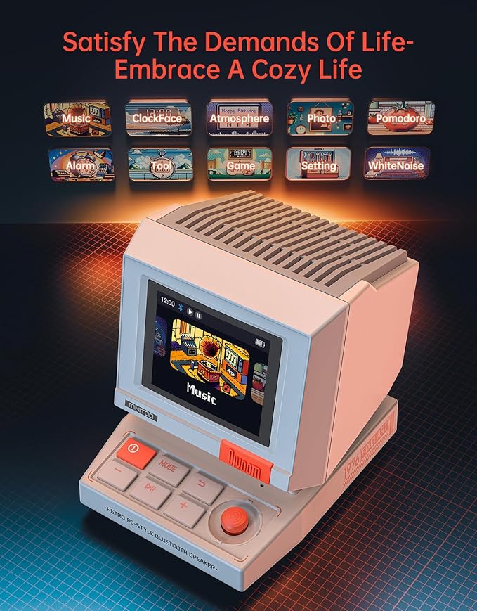 Divoom MiniToo Retro PC-Style Computer Speaker, Smart Pixel Screen with DIY Faces, Bluetooth & USB Audio, Alarm/White Noise Clock, Desk Setup Gift for Bedroom, Office & Gaming