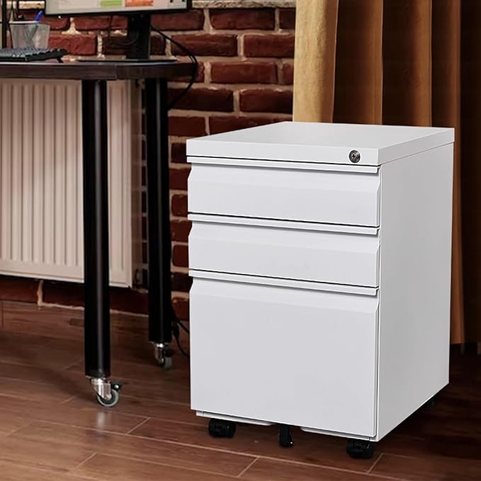 3 Drawer Mobile Locking File Cabinet,Anti-tilt Design Metal Vertical Filing Cabinet,Rolling Desk Filing Cabinet fits Letter/Legal Size for Home Office (White)