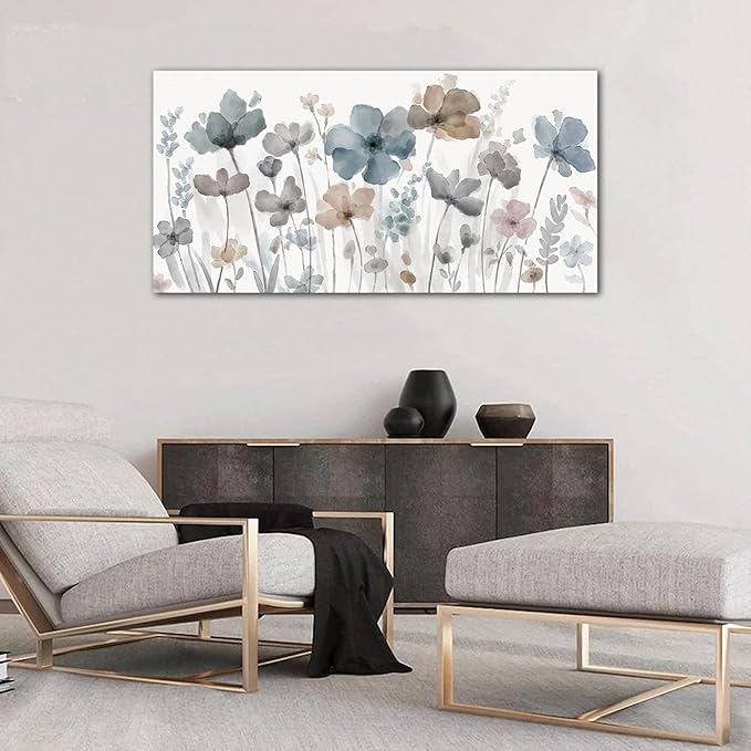 yearainn Elegant Flowers Canvas Wall Art - Floral Pictures for Wall Decor Indigo Brown Grey Canvas Painting Nature Printing Artwork for Living Room Bedroom Home Office Wall Decoration 29" x 58"