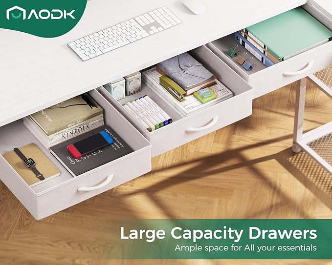 AODK 61 Inch L Shaped Computer Desk with Drawers, Corner Desk with Power Outlets & Reversible Storage Shelves, for Home Office Gaming, White