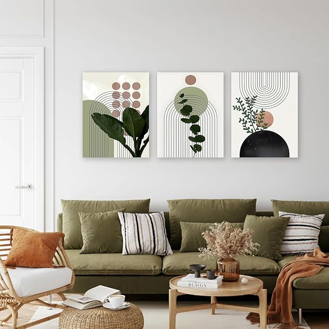 Sage Green Boho Wall Art, KBKBART Abstract Framed Canvas Wall Art Palm Leaf Sun Moon Line Beige Green Wall Decor, Minimalist Geometric Boho Room Decor, Sage Green Wall Posters & Prints for Living