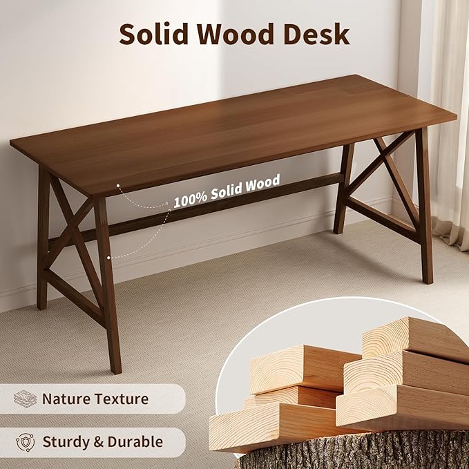 Modern Solid Wood Desk - 60" Simple Computer Table for Home Office Study Writing Workstation in Walnut, 60" W x 24" D