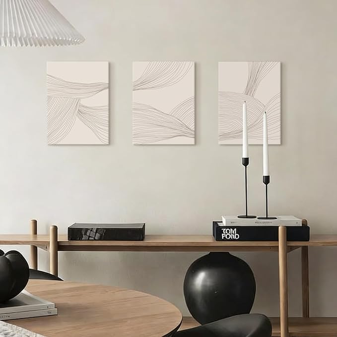 Netural Abstract Wall Art Set of 3,Beige Tones Line Art Prints,Modern Abstract Art Wall Decor Living Room,Minimlist Boho Framed Canvas Artwork,Bohemian Bathroom Bedroom Decor,12x16in
