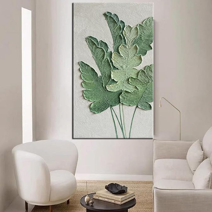 YaSheng Art- large Vertical Wall Art Oil Paintings ,Handmade 3D Textured Wall Art Green Large leaf plant Artwork paintings ,Modern Minimalist Abstract Wall Art painting, Wall Art for living room Bedroom Wall Deco Home, Framed Wall Art Pictures 30x60inch