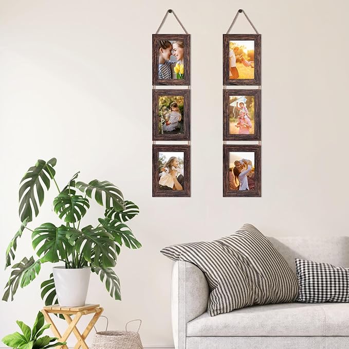 Lavezee Wall Hanging 4x6 Picture Frames Set of 2, Vertical Collage Distressed Brown Triple Frame Made to Display 4 by 6 inch Photo for Wall Decor