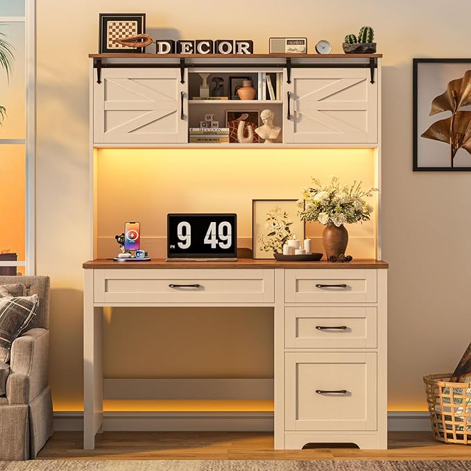 Farmhouse 67" H Executive Desk with Hutch,Computer Desk with Charging Station,Office Table with LED light and 4 Drawers,File Drawers and Storage Cabinet,Workstation for Home Office.Unique White