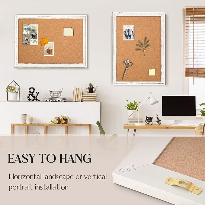 Cork Board Bulletin Board, 24" x 18" Corkboard for Wall, Rustic Wooden Frame, Decorative Hanging Pin Board for Office Home School Decor