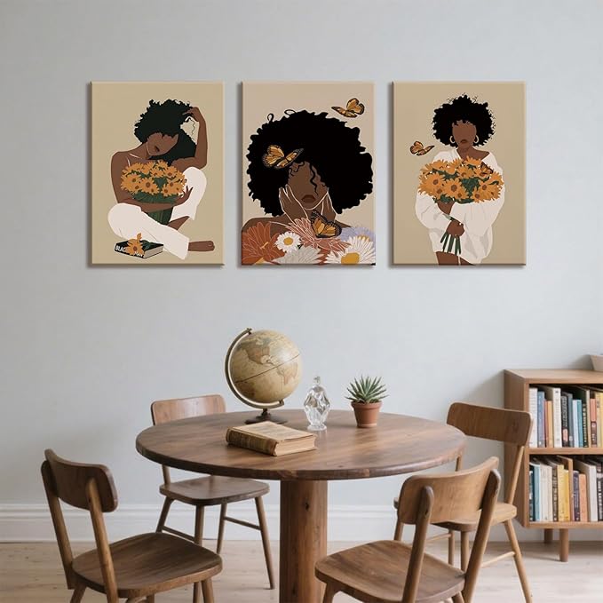 TUEASKY 3 Piece Canvas Wall Art African American Wall Decor Black Woman Pictures Sunflower Butterfly Paintings Abstract Prints Boho Artwork for Bedroom Bathroom