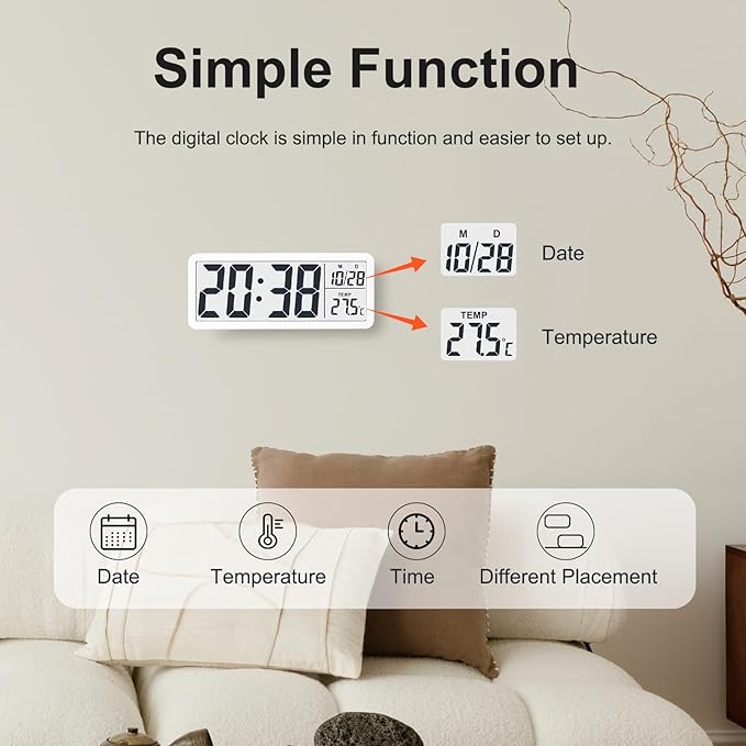 JoFomp LCD Digital Wall Clocks Battery Operated, 8.5" Modern Wall Clocks for Living Room Decor, Simple Digital Wall Clock with Temperature/Date/Time - 12/24H, Small Desk Clock for Bedroom Office