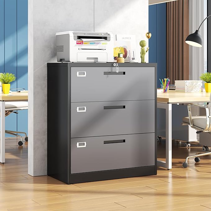 Metal 3 Drawer Lateral File Cabinet with Lock, Wide&Deep Filing Cabinet for Letter/Legal/F4/A4 Hanging Files, Includes Business Card Holder, Home Office School Storage