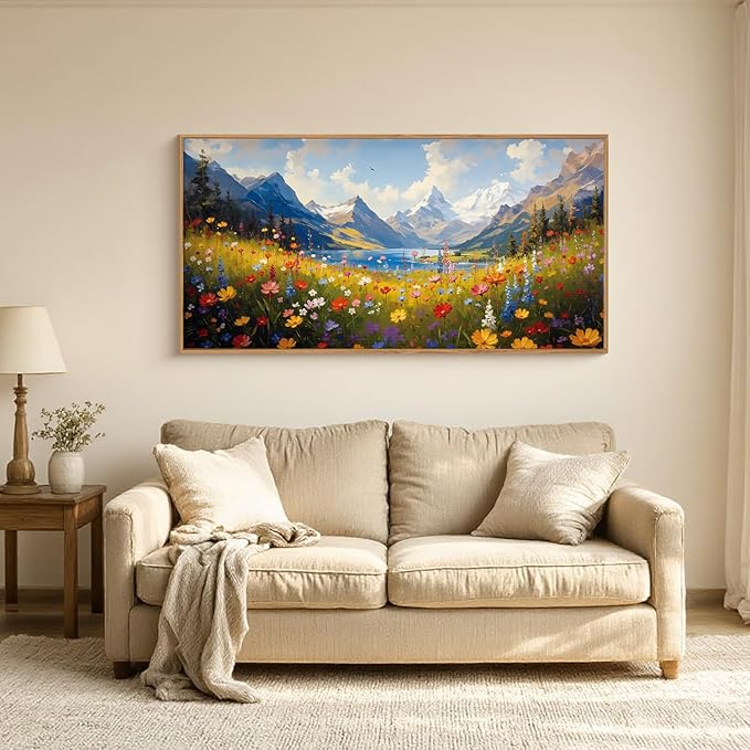 HOURIA Spring Boho Vibrant Watercolor Wildflower & Snowy Mountain Framed Canvas Wall Art Set,Colorful Floral Landscape Decor,Modern Natural Field Scenery Artwork for Living Room,Bedroom,Farmhouse- 20"×40"×1