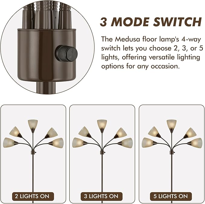 Medusa Modern Decor Floor Lamp, 5 Head Adjustable Gooseneck Lamps for Reading, White Shades Multiple Tall Standing Lamps for Living Room Bedroom Office Kids Classroom, Brown, Bulbs Included