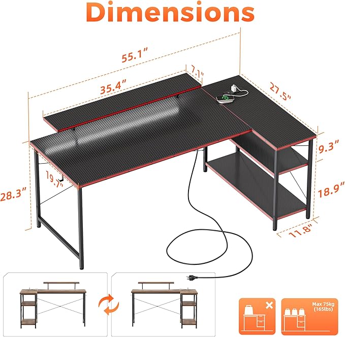 Mericonia Small L Shaped Computer Desk with Power Outlets, Reversible Gaming Desk with Storage Shelves & Monitor Stand, Corner Gamer Desk Table, Study Writing Table