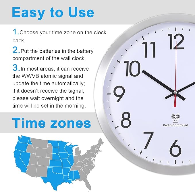 Atomic Analog Wall Clock, 14Inch Radio Controlled Sets Automatically Wall Clock, Aluminum Frame WallClock for Home School Office