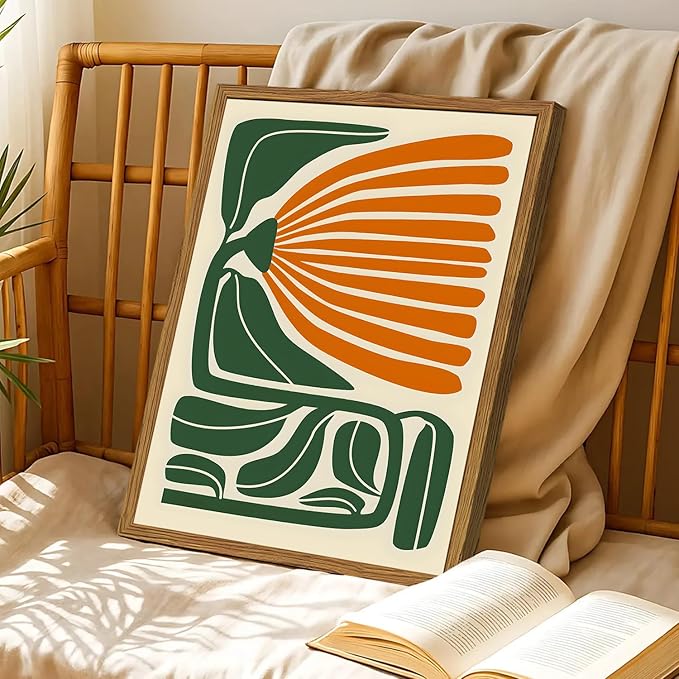 Framed Boho Floral Wall Art, Mid Century Modern Flower Canvas Wall Decor Pictures, Green and Orange Abstract Botanical Paintings Poster Prints Eclectic Home Decor for Living Room Bedroom 16x24 inch