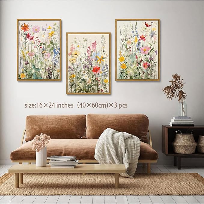 KISSFOX 3 Piece Watercolor Wildflower Botanical Framed Wall Art Colorful Floral Canvas Art Prints Boho Flower Pictures Wall Decor Modern Minimalism Paintings Artwork Girls Bedroom Living Room Bathroom