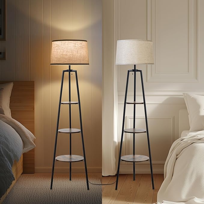 3 Tier Shelf Floor Lamps for Living Room, Modern Standing Lamp with 3 Color Temperature Led Bulb, Tall Lamps for Bedroom and Office, Vintage Yellow