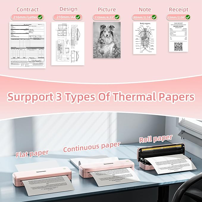 Phomemo M834 Portable Printer, Wireless Bluetooth Thermal Printer, Support 8.5" x 11" and A4 Szie Thermal Paper, Compatible with iOS, Android & PC, Mobile Printers for Travel, Office, School, Pink