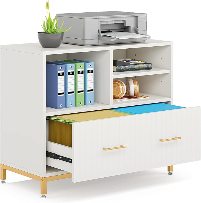 Tribesigns Lateral File Cabinet with Drawer, White Filing Cabinet for Letter/Legal/A4 Size Files, 35.4" Modern Wood File Storage Cabinets Printer Stand with Storage for Home, Office, White Gold