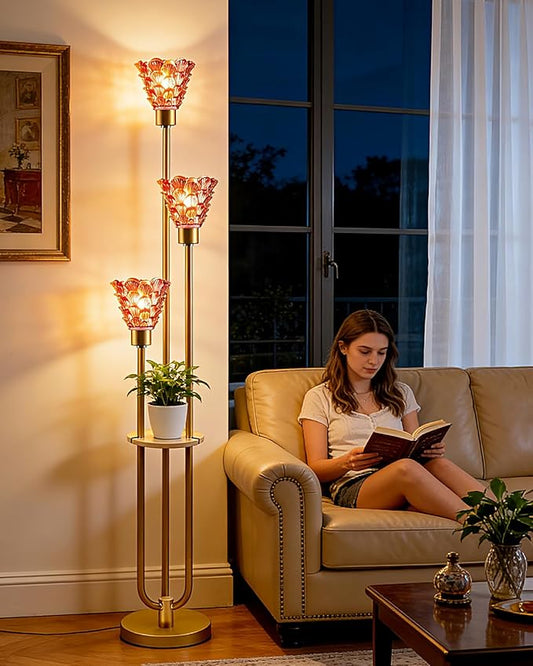3-Light Modern Glass Floor Lamp with Shelf, Gold Tall Standing Lamp with Pomegranate Red Flower Glass Shade, LED Floor Lamp with Foot Switch for Living Room Bedroom Home Decor, Bulb Included