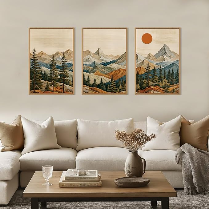 Ausril Boho Woodcut Mountain Framed Canvas Wall Art Set, Woodcut Pine Tree Wall Decor, Brown Wooden Forest Wall Painting, Vintage Mountain Sunrise Art Print for Living Room, Bedroom, Office 24"X36"X3