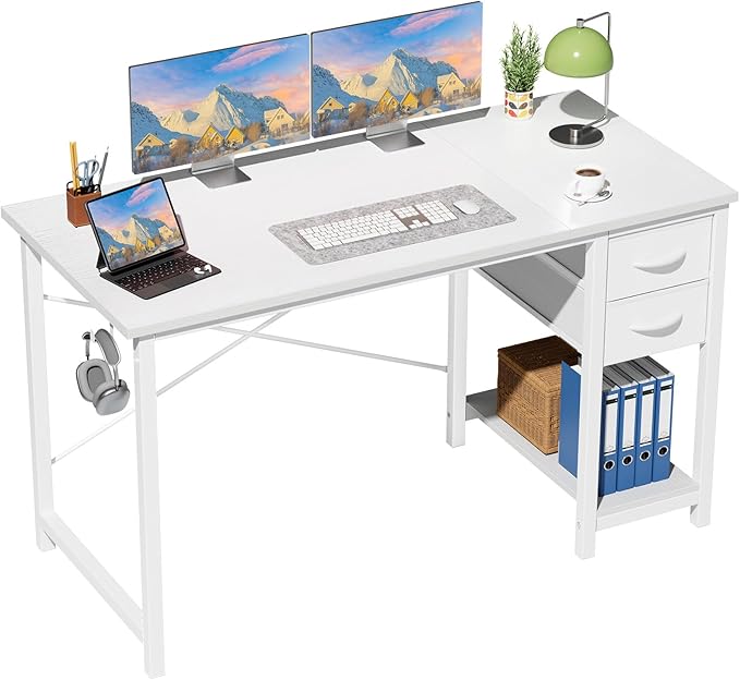 Sweetcrispy 47 Inch Computer Desk with Drawers, Home Office Gaming Desk with X-Shaped Reinforcement, Modern Wood Study Work Table with Side Hook, White