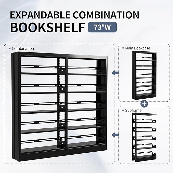 70.9" H Metal Bookshelf, Adjustable Bookcase, 5-Tier Heavy Duty Bookshelf with Bookend, Tall Bookshelves, Bookcase Shelf for Living Room, Office, Library,Classroom (Black-72.8W)