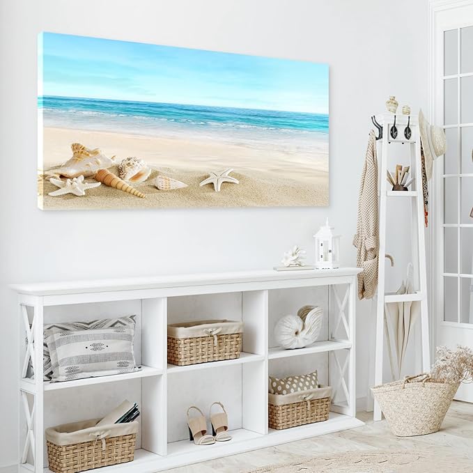 DZL Art S73998 Beach Picture Decor Ocean Painting Canvas Wall Art Prints of Starfish and Seashell on Sandy Seaside Ready to Hang for Living Room Bedroom Office Wall Decor Home Decoration