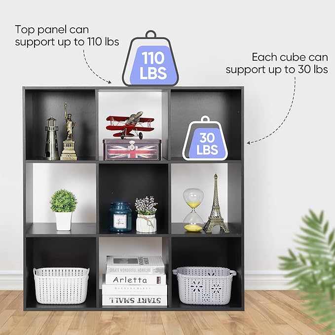 SUPER DEAL 9 Cube Open Shelf Bookcase 3 Tier Bookshelf Wood Cabinet Storage Organizer Display Shelves with 5 Removable Back Panels for Home, Office, Bedroom, Living Room, Black