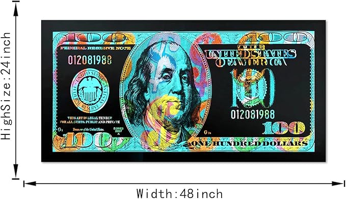 Abstract Color Graffiti Dollar Money Wall Paintings 100 Dollar Bill Wall Art Office Wall Art Canvas Artwork Vintage Money Large 1 Panel Artwork for Wall Decoration Paintings Easy to Hang-48"Wx24"H