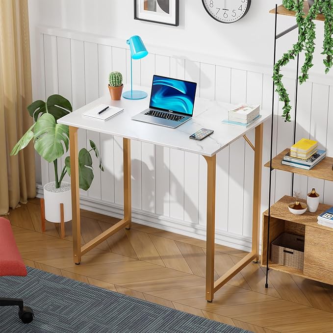 Dkelincs 32 Inch Small Computer Desk Home Office Desk Writing Desk Modern Simple Style Study Work Table with Metal Frame, Easy Assembly, Adjustable Feet, Water-Resistant, Scratchproof Surface, Gold