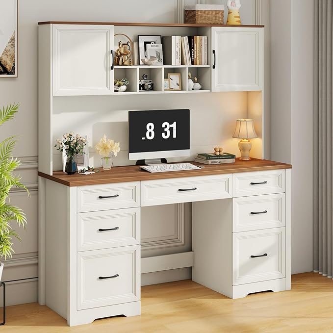 Farmhouse Executive Desk with 7 Drawers and Storage Cabinet, Rustic Large Home Writing Desk with Hutch, Workstation for Bedroom, White