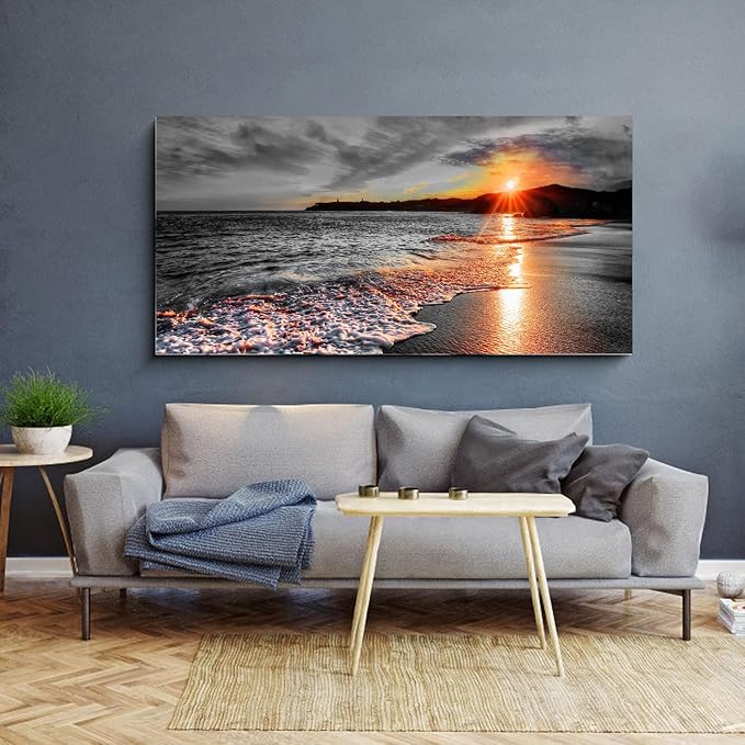 Yxbhhym-Large Pictures for Living Room Wall Décor Black and White Beach Canvas Wall Art Bedroom Ocean Room Décor Seascape Paitnings Poster Sea Sunset Print Art Morden Framed Home Office Artwork